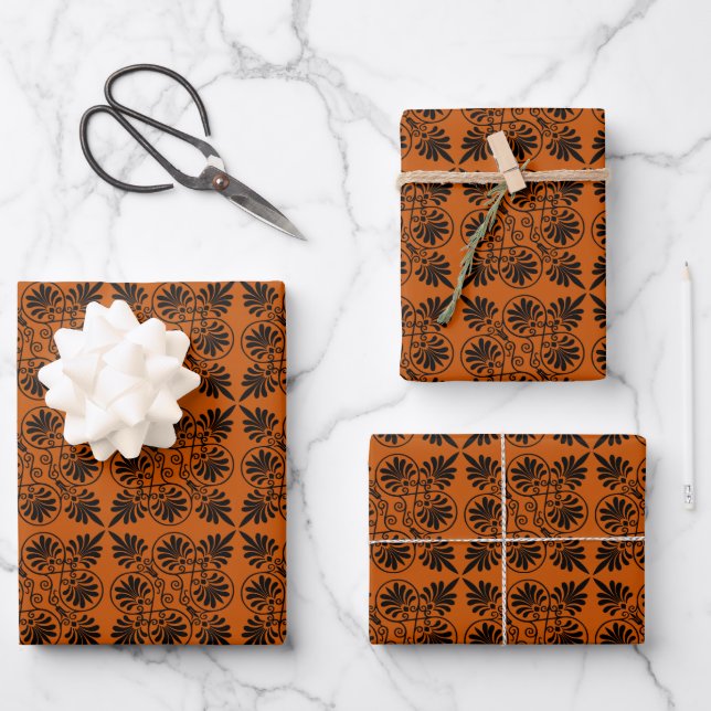 Terracotta Black Ancient Greek Meander Pattern Wrapping Paper Sheet (Front)