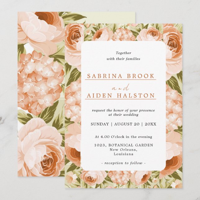 Terracotta Blooming Rose Hydrangea Floral Wedding Invitation (Front/Back)