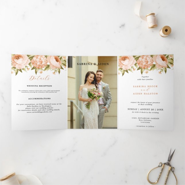 Terracotta Blooming Rose Hydrangea Floral Wedding Tri-Fold Announcement (Inside)