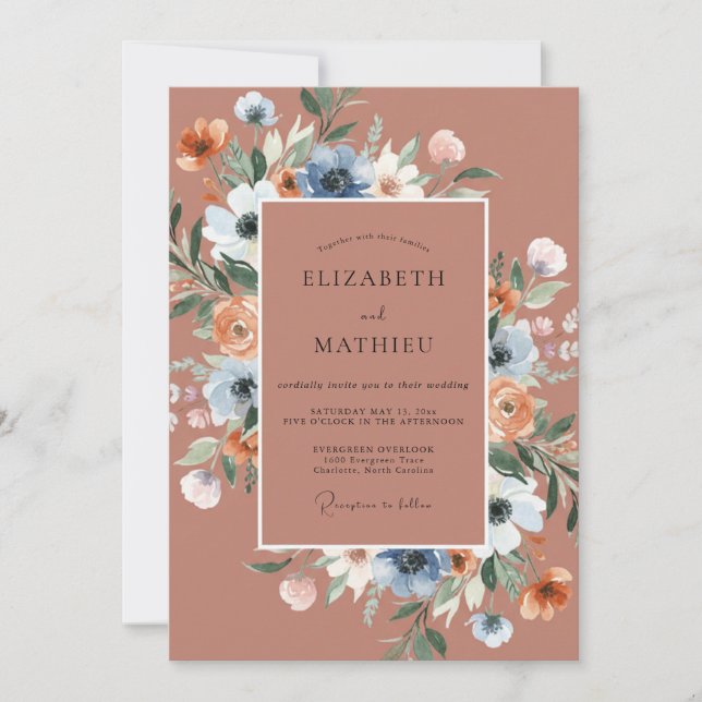 Terracotta Blue Blossom Romance Wedding Invitation (Front)