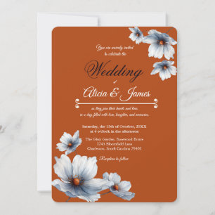 Terracotta Blue Floral Chic Anemone Autumn Wedding Invitation