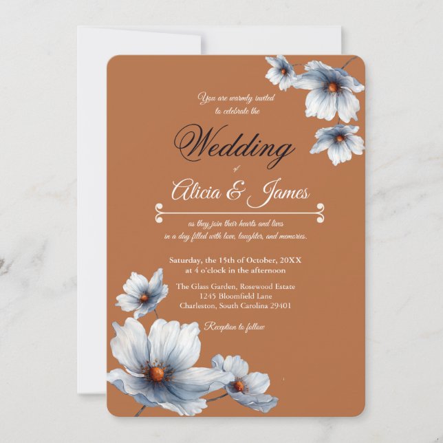 Terracotta Blue Floral Chic Anemone Autumn Wedding Invitation (Front)