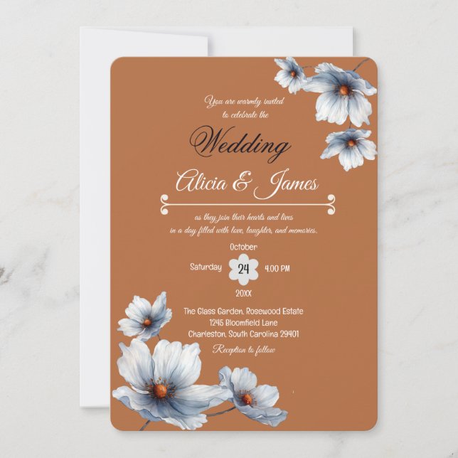 Terracotta Blue Floral Chic Anemone Autumn Wedding Invitation (Front)