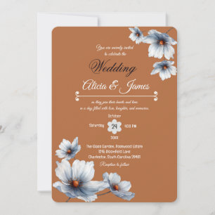 Terracotta Blue Floral Chic Anemone Autumn Wedding Invitation