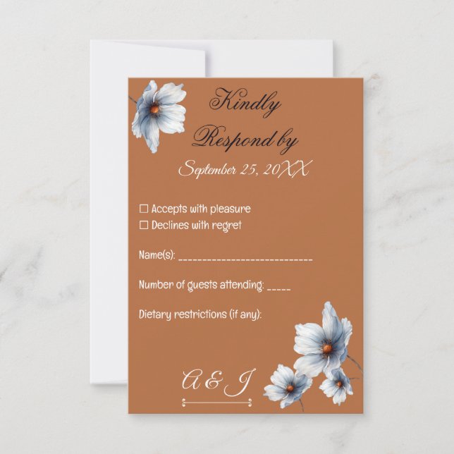 Terracotta Blue Floral Chic Anemone Autumn Wedding RSVP Card (Front)