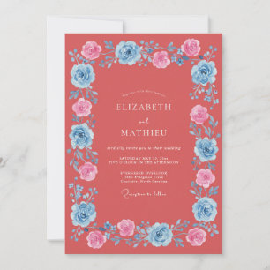 Terracotta Blue Floral Watercolor Wedding Invitation