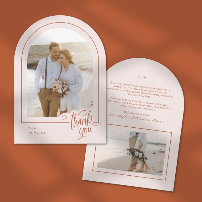 Terracotta Blush 2 Photo Wedding Thank You Card (Shown on a 5" x 7" invitation with Arch Corner Style)
