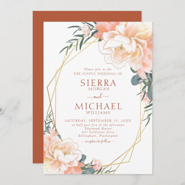 Terracotta Blush Gold Peach Cream Floral Wedding Invitation (Front/Back)