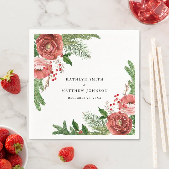 Terracotta Blush Pink Floral Pine Winter Wedding Napkin (Creator Uploaded)