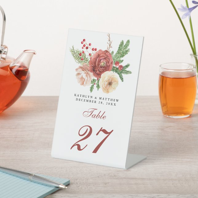 Terracotta Blush Pink Floral Pine Winter Wedding Pedestal Sign (Creator Uploaded)