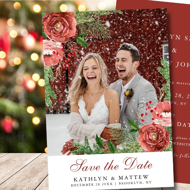 Terracotta Blush Pink Floral Pine Winter Wedding Save The Date (Creator Uploaded)