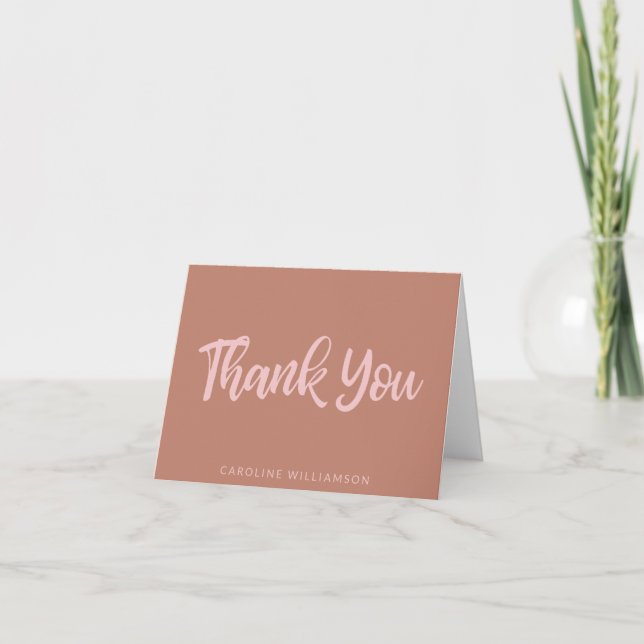 Terracotta Blush Pink Script Custom Name Earthy Thank You Card (Front)
