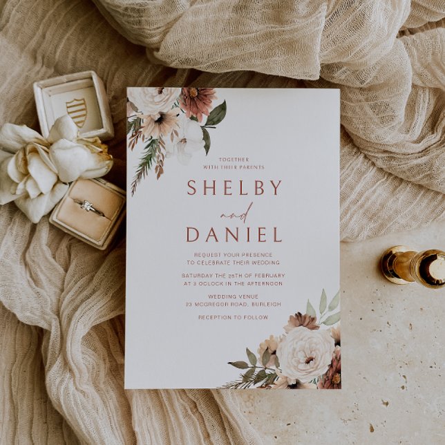 Terracotta Bohemian Flowers All Seasons Wedding Invitation (Creator Uploaded)