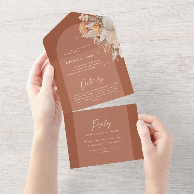 terracotta bohemian pampas grass birthday all in one invitation (Tearaway)