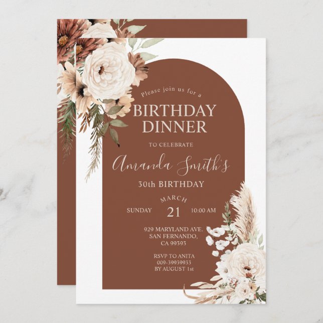 Terracotta Boho Arch Floral Birthday 30th Dinner Invitation (Front/Back)