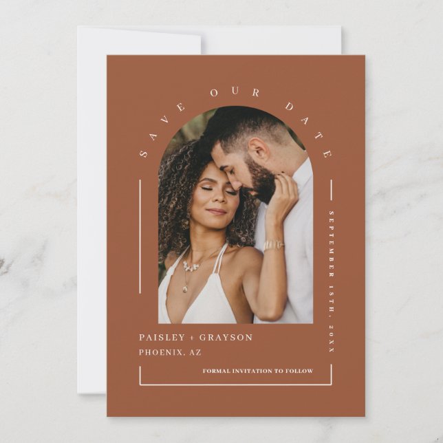 Terracotta Boho Arch Photo QR Code Save Our Date Invitation (Front)