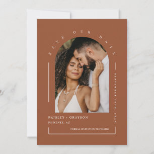Terracotta Boho Arch Photo QR Code Save Our Date Invitation