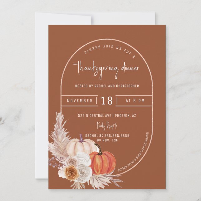 Terracotta Boho Arch Pumpkins Thanksgiving Dinner Invitation (Front)