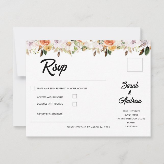 Terracotta Boho Autumn Floral Wedding RSVP Card (Front)