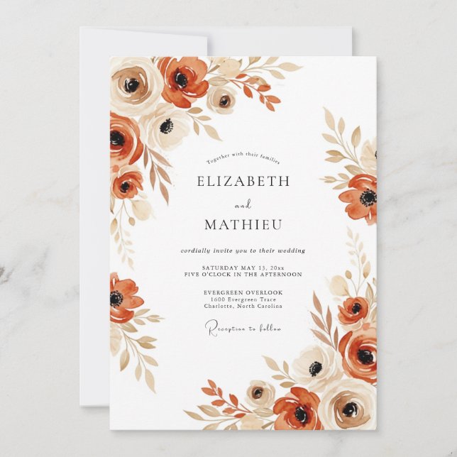 Terracotta Boho Autumnal Floral Wedding Invitation (Front)