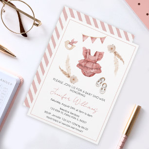 Terracotta boho baby girl clothes shower invitation