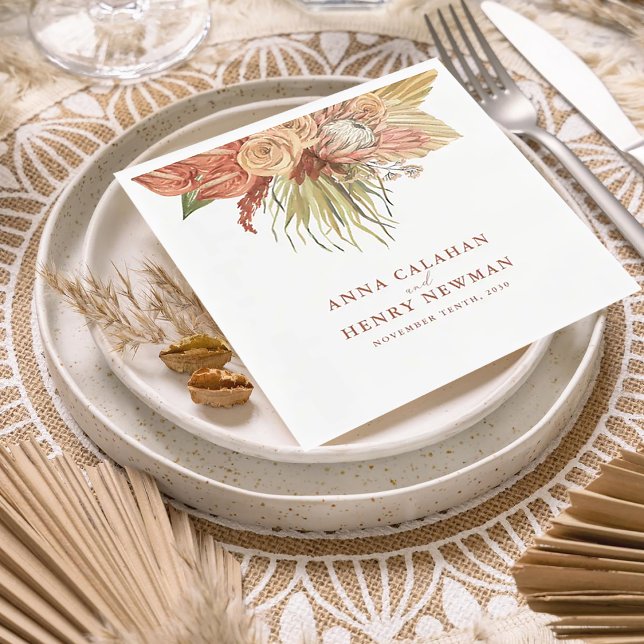 Terracotta Boho Dried Floral Pampas Grass Wedding  Napkin (Creator Uploaded)