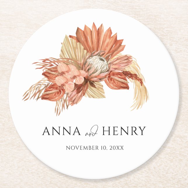 Terracotta Boho Dried Floral Pampas Grass Wedding  Round Paper Coaster (Front)