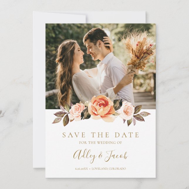 Terracotta Boho Fall Floral Burnt Orange Wedding Save The Date (Front)
