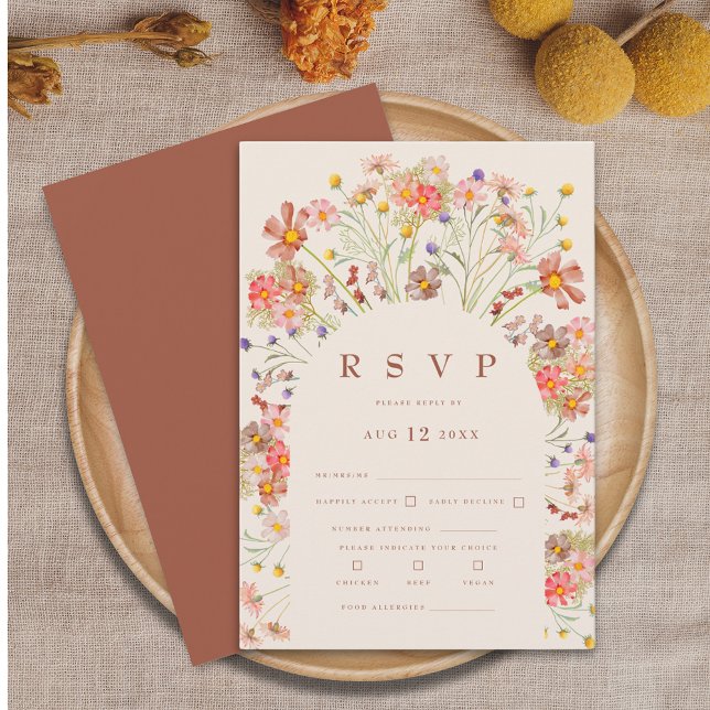 Terracotta Boho Fall Floral Meal Options RSVP Card (Boho fall rustic wildflower floral arch burnt orange terracotta beige wedding RSVP card watercolor )