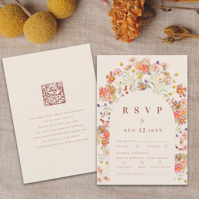 Terracotta Boho Fall Floral Meal Options RSVP Card (Boho fall rustic wildflower elegant floral arch terracotta beige wedding rsvp card with meal options)