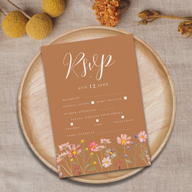 Terracotta Boho Fall Floral Meal Options RSVP Card (Boho fall wildflower terracotta beige cream wedding RSVP card watercolor florals elegant script)