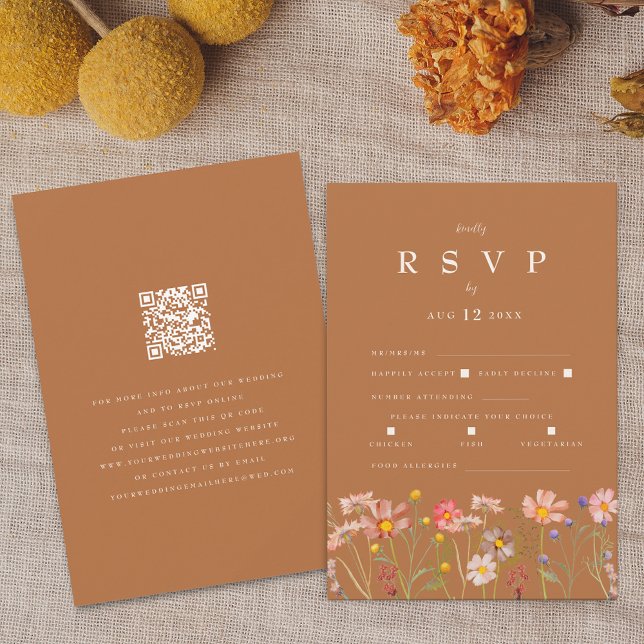 Terracotta Boho Fall Floral Meal Options RSVP Card (Terracotta boho fall floral wedding rsvp with website qr code Watercolor wildflowers elegant modern)
