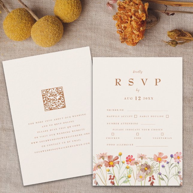 Terracotta Boho Fall Floral Meal Options RSVP Card (Boho fall wildflower wedding rsvp card terracotta brown burnt orange beige watercolor autumn florals)