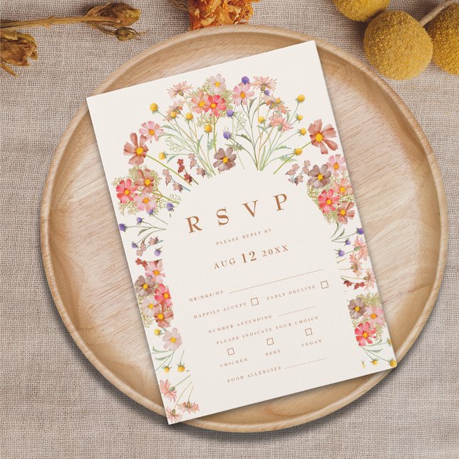 Terracotta Boho Fall Floral Meal Options RSVP Card (Boho fall wildflower wedding RSVP card terracotta burnt orange beige brown modern elegant)