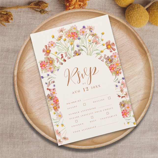 Terracotta Boho Fall Floral Meal Options RSVP Card (Boho fall wildflower floral arch wedding invitation RSVP card watercolor flowers burnt orange)