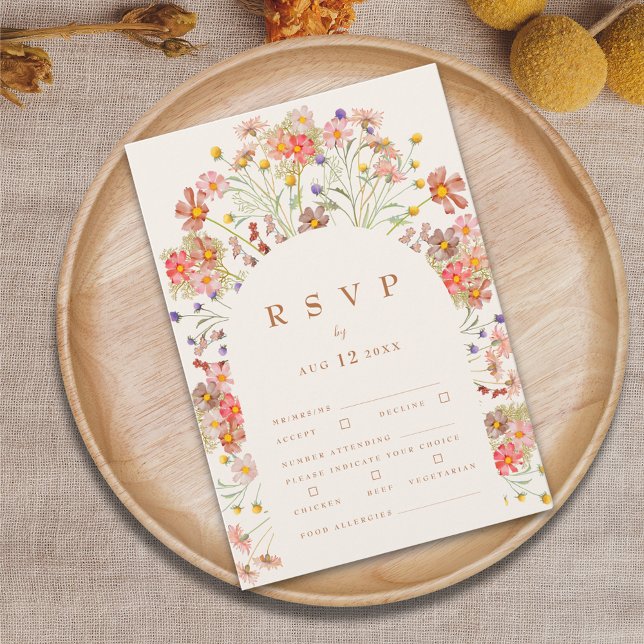 Terracotta Boho Fall Floral Meal Options RSVP Card (Boho fall Wildflower floral arch burnt orange terracotta beige Wedding RSVP card autumn watercolor )