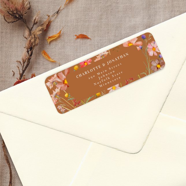 Terracotta Boho Fall Floral Wedding (Terracotta burnt orange Wildflower rustic fall Wedding return address label watercolor florals)