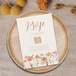 Terracotta Boho Fall Floral wedding QR Code  RSVP Card