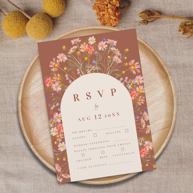 Terracotta Boho Fall Rustic Floral Meal Options RSVP Card (Terracotta and beige boho fall rustic wildflower floral arch wedding meal options and food allergies)