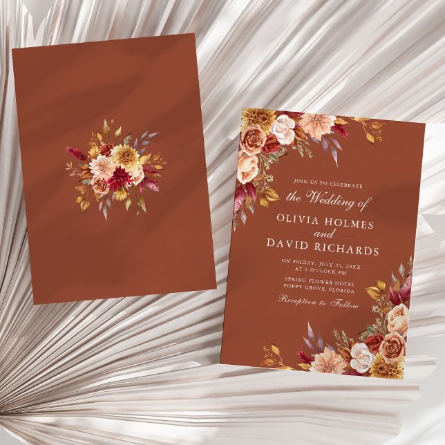 Terracotta Boho Fall Wedding Invitation Elegant (Boho Modern Burnt Orange Terracotta Floral Wedding Invitation on a sunny neutral dry palm leaf.)