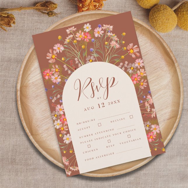 Terracotta Boho Fall Wedding RSVP Card (Boho fall wildflower rustic terracotta and beige wedding rsvp card)