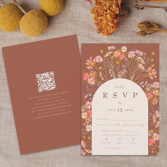Terracotta Boho Fall Wildflower Floral QR Code RSVP Card (Boho fall rustic wildflower floral arch terracotta burnt orange beige wedding rsvp qr code card)