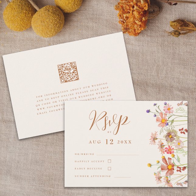 Terracotta Boho Fall Wildflower Floral Wedding RSVP Card (Boho fall Wildflower Wedding rsvp card with website qr code terracotta burnt orange beige watercolor)