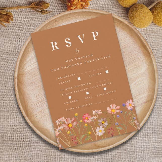 Terracotta Boho Fall Wildflower Meal Options RSVP Card (Terracotta burnt orange elegant Wildflower boho fall Wedding rsvp card autumn watercolor florals)