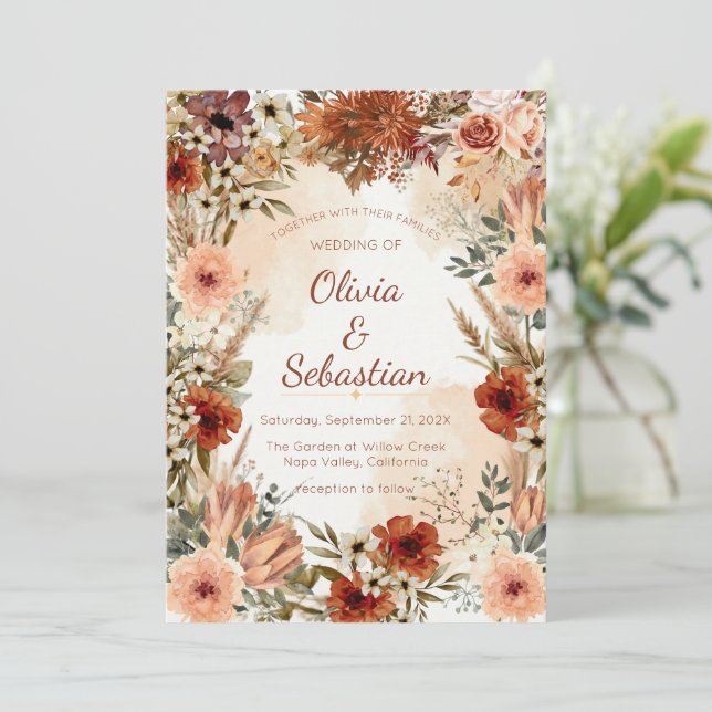 Terracotta Boho Floral Autumn Rustic Elegant Invitation (Standing Front)
