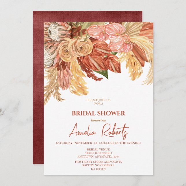 Terracotta Boho Floral Bridal Shower Invitation (Front/Back)