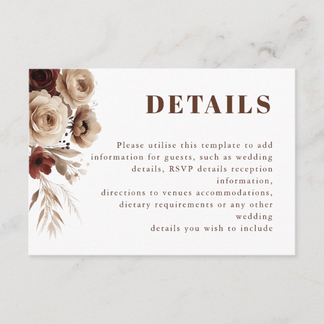 Terracotta Boho Floral Details Wedding Enclosure Card (Front)