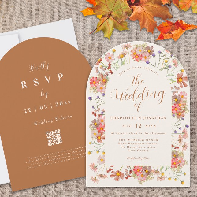 Terracotta Boho Floral Fall Wedding Invitation (Boho fall floral arch qr code Wedding invitation Watercolor wildflowers elegant script terracotta)