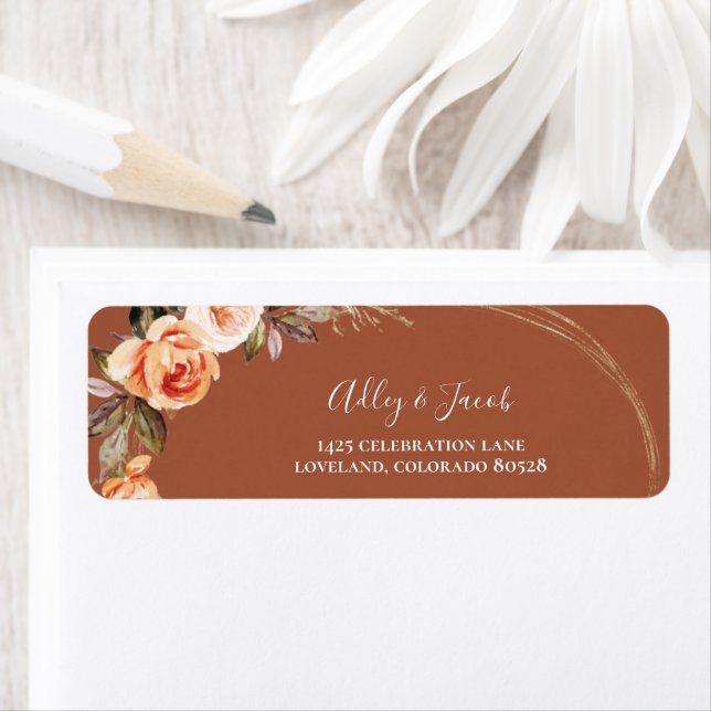 Terracotta Boho Floral Fall Wedding Return Address (Insitu)