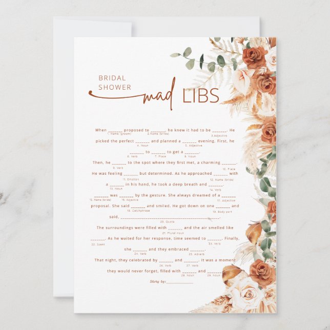 Terracotta Boho Floral Mad Lib Bridal Shower Game  (Front)